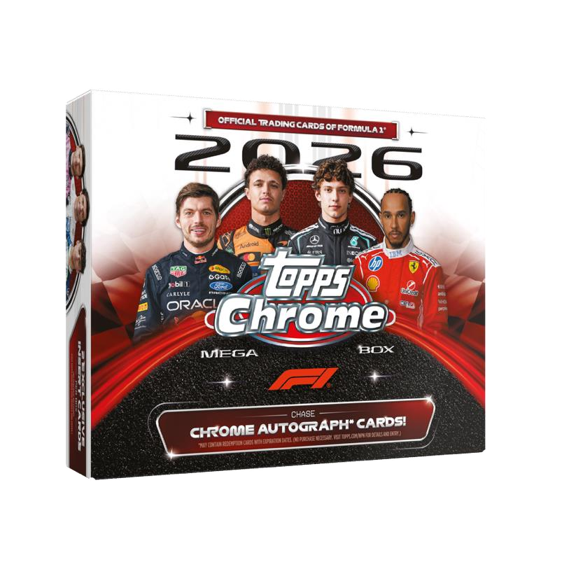 A Topps Chrome F1 2026 Mega Box featuring four drivers on the front cover.