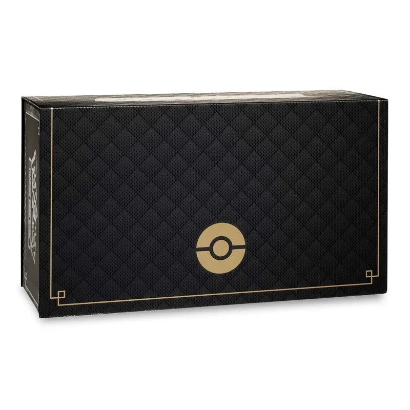 A black, textured box with a gold border and a gold Poké Ball symbol in the center, designed by The Pokémon Company as the Pokémon TCG: Sword & Shield Ultra-Premium Collection - Zacian & Zamazenta, resembling a premium trading card storage box.