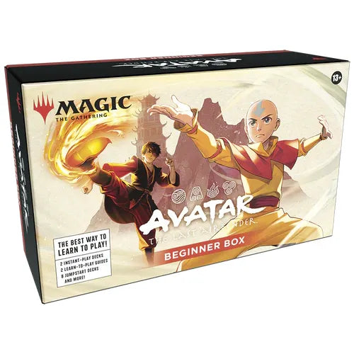 The Wizards of the Coast Magic the Gathering: Avatar The Last Airbender Beginner Box features dynamic artwork of Aang and Zuko in action poses, is branded for ages 13 and up, and displays both Magic: The Gathering and Avatar: The Last Airbender logos.