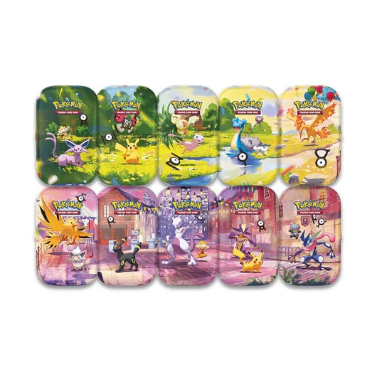 Ten vibrant Pokémon TCG: 30th Celebration Mini Tins from The Pokémon Company are arranged in two rows, each showcasing different Pokémon and colorful backgrounds inspired by nature or towns.