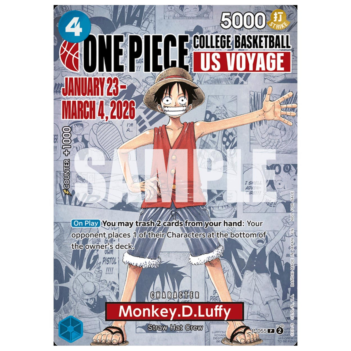 The Bandai One Piece Card Game: College Basketball US Voyage Monkey.D.Luffy P-055 (SEALED) promo card showcases Luffy in his iconic hat and outfit, smiling with one hand raised, and features a unique basketball-themed design.