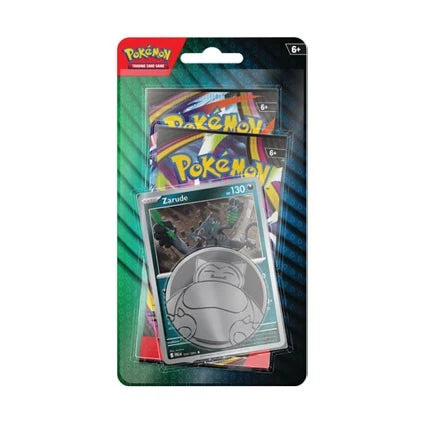 The Pokémon TCG: Zarude 2-Pack Blister by The Pokémon Company includes a Cosmos holo Zarude promo card and a Snorlax coin, all in sealed packaging. This vibrant blister pack features the Pokémon logo at the top and is ideal for collectors and fans aged 6 and up.