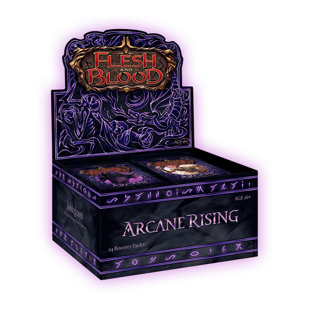 A Flesh and Blood TCG: Arcane Rising (Unlimited) Booster Display box featuring purple glowing illustrations and twenty-four booster packs.