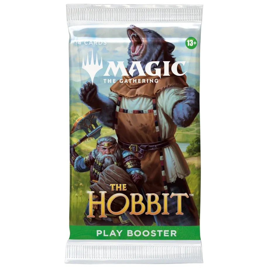 Wizards of the Coast presents the Magic the Gathering: The Hobbit Play Booster, featuring artwork of a wizard wielding a staff with glowing magic alongside a hobbit brandishing a sword, all set against a lush green countryside backdrop.