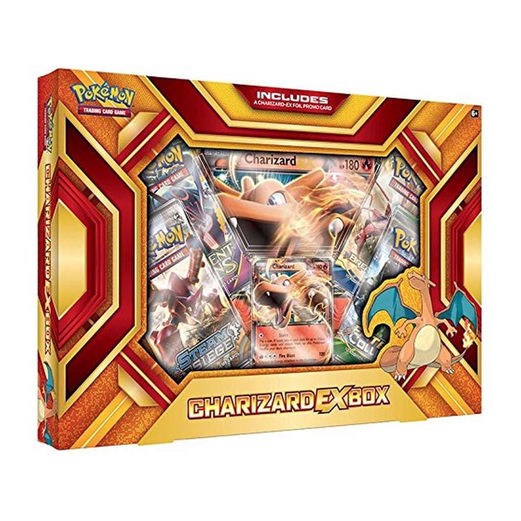 A sealed Pokémon TCG: Charizard EX Fire Blast Box by The Pokémon Company, featuring a Charizard EX promo card, four booster packs, and a large Charizard EX card in a red and orange box with Charizard artwork.