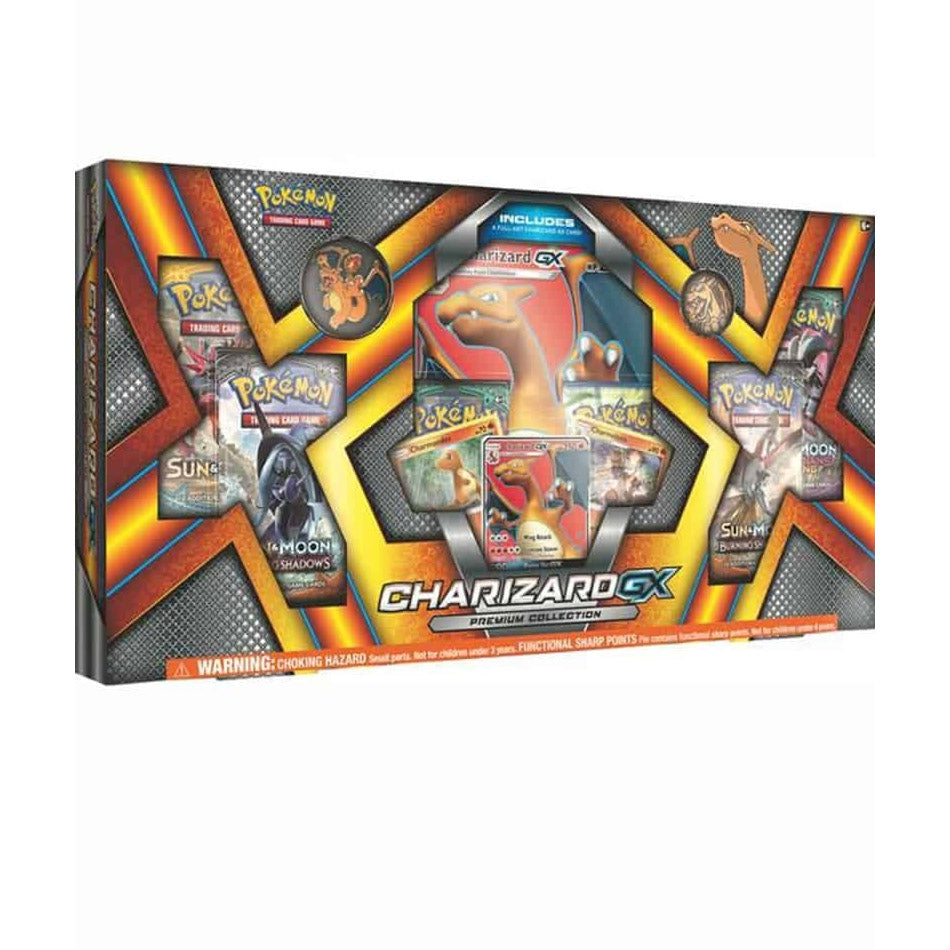 The Pokémon TCG: Charizard GX Premium Collection Box by The Pokémon Company includes a Charizard-GX card, collectible pins, coins, six Sun & Moon booster packs, and more in striking packaging with bold Charizard artwork.