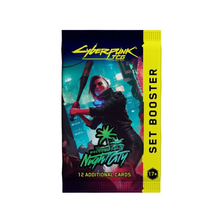 A rectangular Cyberpunk TCG: Welcome To Night City Booster Pack featuring a character holding a baseball bat in front of a futuristic cityscape.