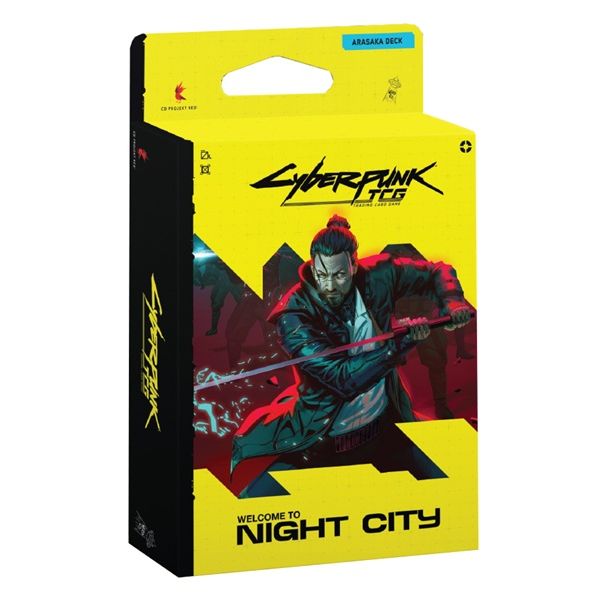 Cyberpunk TCG: Welcome To Night City Starter Deck - Embracing Power box featuring a character holding a glowing katana on a yellow background.