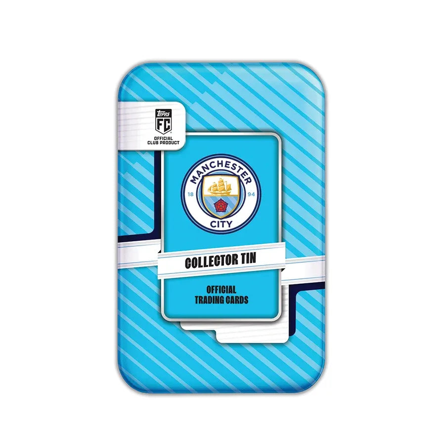 The Topps Collector Tin 2026/27 Manchester City is a blue tin box featuring the club logo, branded by Topps, and contains 35 official trading cards with the chance of finding autographs.