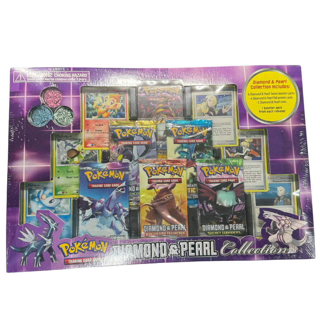 A sealed Pokémon TCG: Diamond & Pearl Collection 2008 Box from The Pokémon Company, this set includes Diamond & Pearl booster packs, exclusive promo cards, and collectible coin accessories, all showcased in vibrant packaging featuring striking Dialga and Palkia artwork.