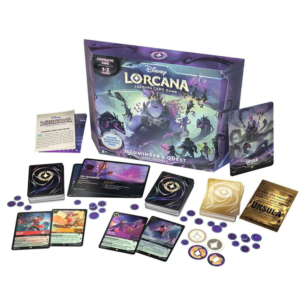 The box art for Ravensburger's Disney Lorcana: Illumineer's Quest - Deep Trouble features Ursula and sea creatures, with text indicating it is a cooperative game for 1–2 players, ages 8 and up.