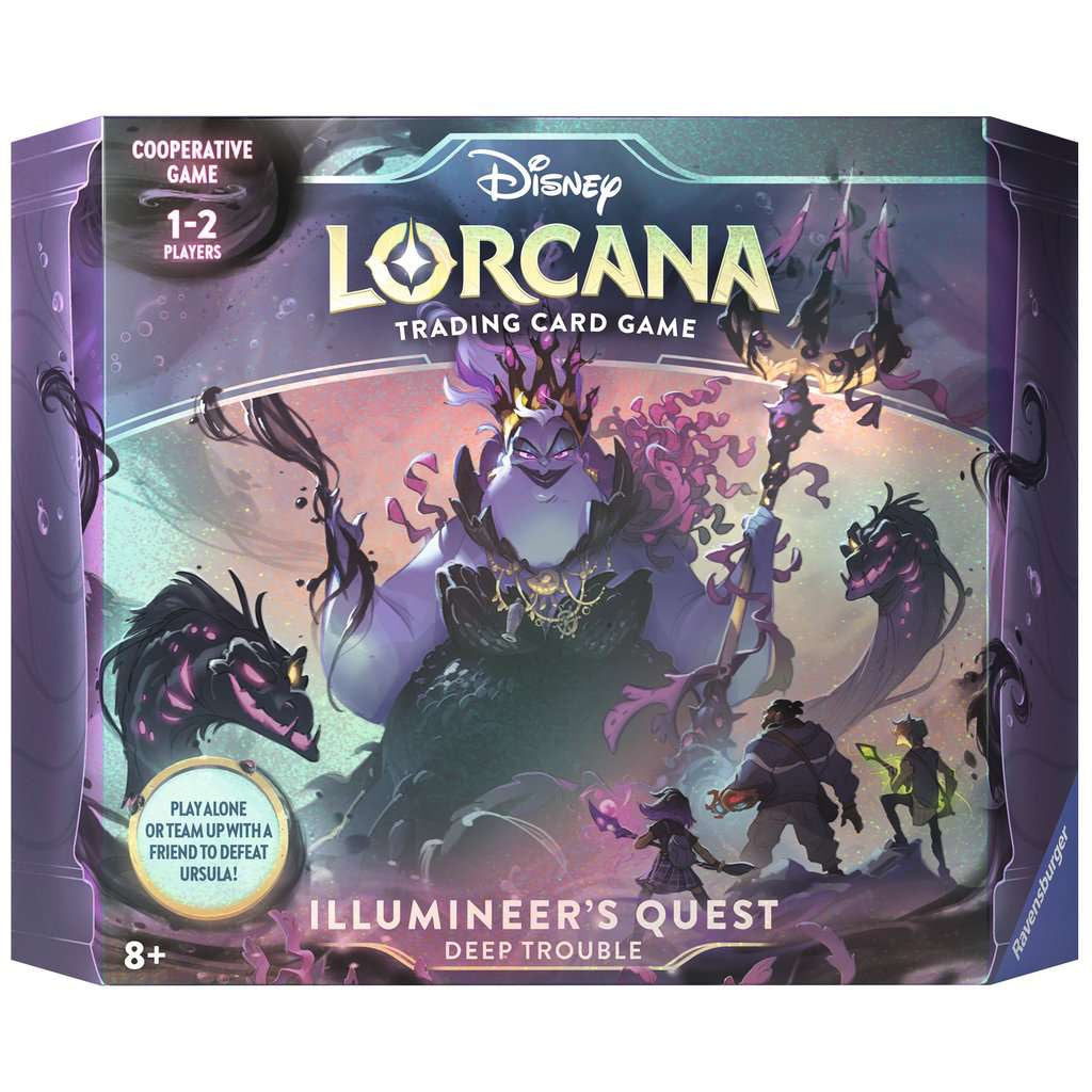 The box art for Ravensburger's Disney Lorcana: Illumineer's Quest - Deep Trouble features Ursula and sea creatures, with text indicating it is a cooperative game for 1–2 players, ages 8 and up.