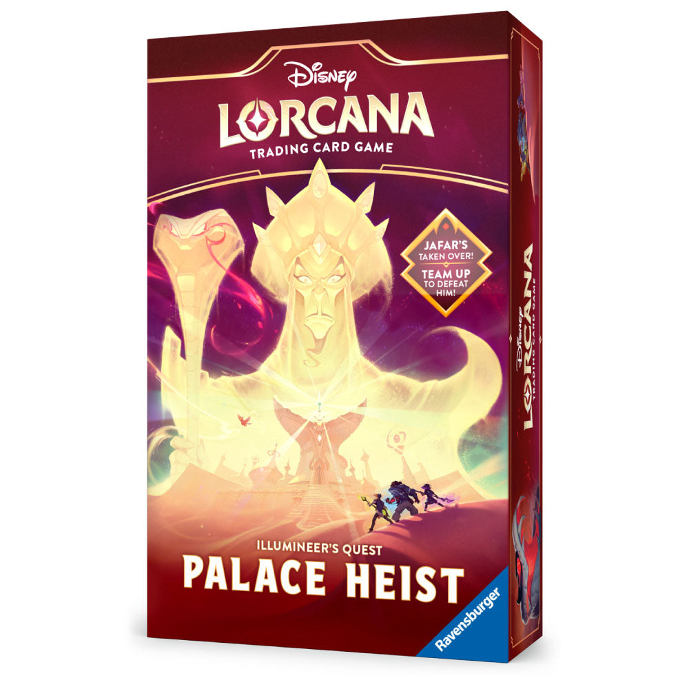Box for Disney Lorcana: Illumineer's Quest – Palace Heist by Ravensburger. The cover features a large magical figure above a group of smaller characters, set against adventure-themed graphics and text in gold, purple, and red tones.