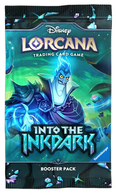 Disney Lorcana: Into the Inkdark Booster Pack featuring Hades from Disney’s Hercules against a teal, ink-swirled background with crystalline shards.