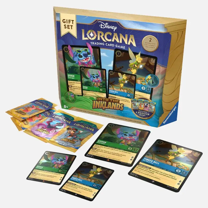 Ravensburger Disney Lorcana: Into the Inklands Gift Set includes Stitch and Tinker Bell foil cards and a booster pack; suitable for ages 8 and up.