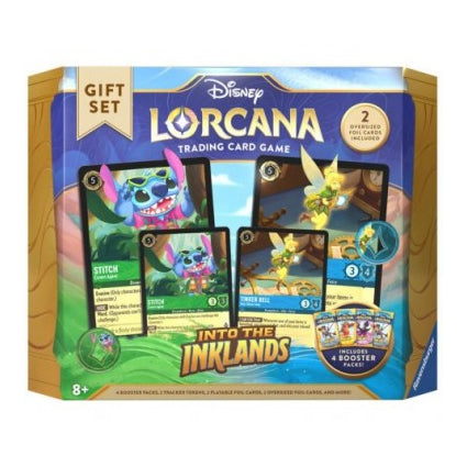 Ravensburger Disney Lorcana: Into the Inklands Gift Set includes Stitch and Tinker Bell foil cards and a booster pack; suitable for ages 8 and up.