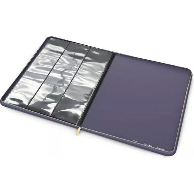 The Disney Lorcana Premium Lorebook by Ravensburger is a purple card binder featuring gold geometric designs and symbols, shown standing upright and slightly open to reveal its black card pages inside.
