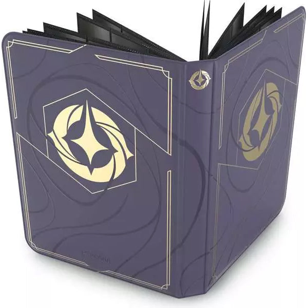 The Disney Lorcana Premium Lorebook by Ravensburger is a purple card binder featuring gold geometric designs and symbols, shown standing upright and slightly open to reveal its black card pages inside.