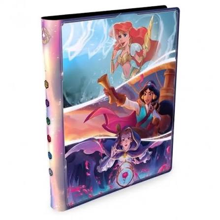 Introducing the Disney Lorcana Princsess Portofolio Binder by Ravensburger—a vibrant binder adorned with colorful illustrations of three beloved Disney princesses: Ariel, Jasmine, and Rapunzel, accented by decorative gemstone-like icons along the spine. Perfect for storing your Disney Lorcana samlekort, this portfolio combines stylish design with practical functionality for every collector.