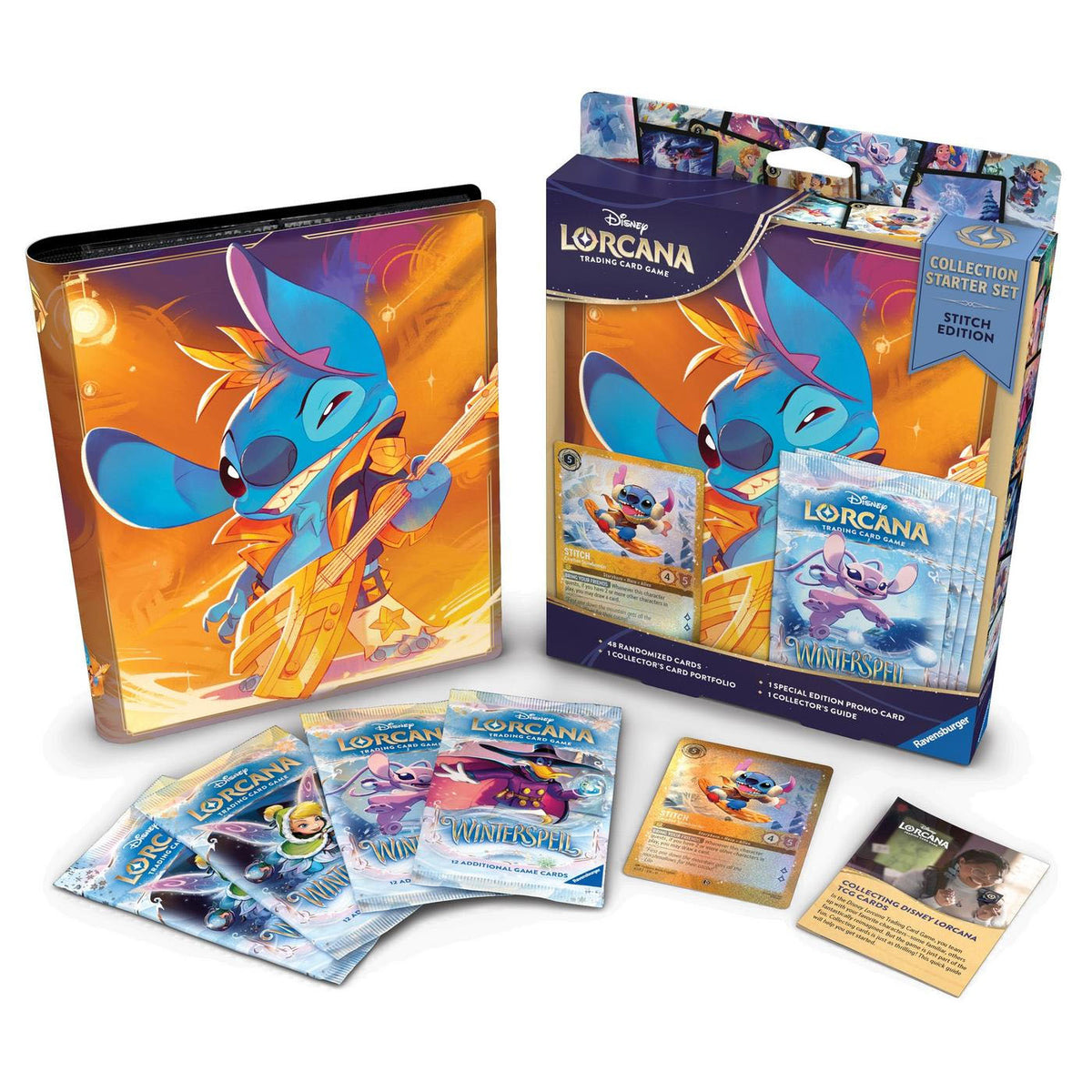 The Ravensburger Disney Lorcana: Stitch Edition Starter Set features Stitch on the packaging and folder. It includes five booster packs, a folder with Stitch playing guitar, and several cards displayed in front of the box.