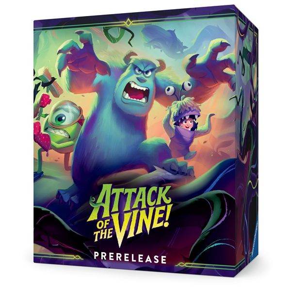 Colorful box art for the Disney Lorcana: Attack of the Vine Prerelease Kit by Ravensburger, featuring a blue monster, a one-eyed green creature, and a child wrapped in vines—all looking alarmed. The word “PRERELEASE” appears at the bottom.