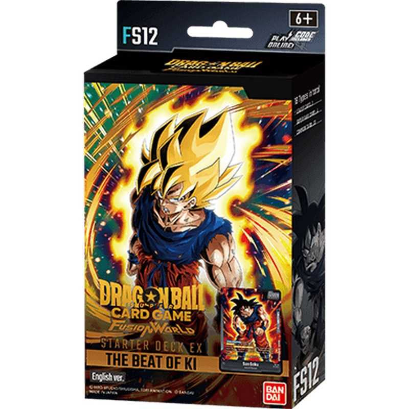 Experience the Dragon Ball Super Card Game: The Beat of Ki (FS12) starter deck box by Bandai, featuring Son Goku in his Super Saiyan form with a radiant aura. Suitable for ages 6 and up, the packaging showcases the Bandai logo and a small card image on the front.