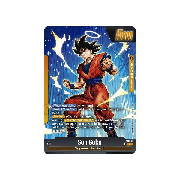 A Bandai Dragon Ball Super Card Game: The Phase of Evolution (FS11) trading card featuring Son Goku powered up, energy glowing, showing stats, abilities, Leader, and 15000.