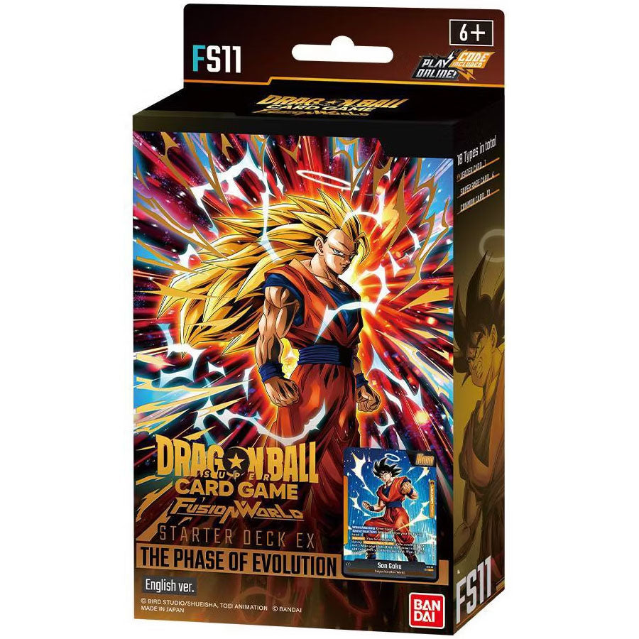 The Dragon Ball Super Card Game: The Phase of Evolution (FS11) by Bandai features Goku in a dynamic pose on the box, with "The Phase of Evolution" and age 6+ displayed, along with Bandai's logo.