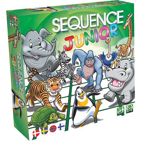 The Asmodee Sequence Junior board game box features colorful cartoon animals—including an elephant, zebra, gorilla, tiger, penguin, hippo, ostrich, turtle, and fox—set against a vibrant green background.