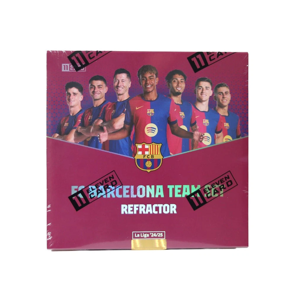 A Rogerz ELEVENCARD FC Barcelona Team Set Refractor Team Box containing soccer cards of seven players in Barcelona jerseys, with the club logo and “La Liga 24/25” printed below.