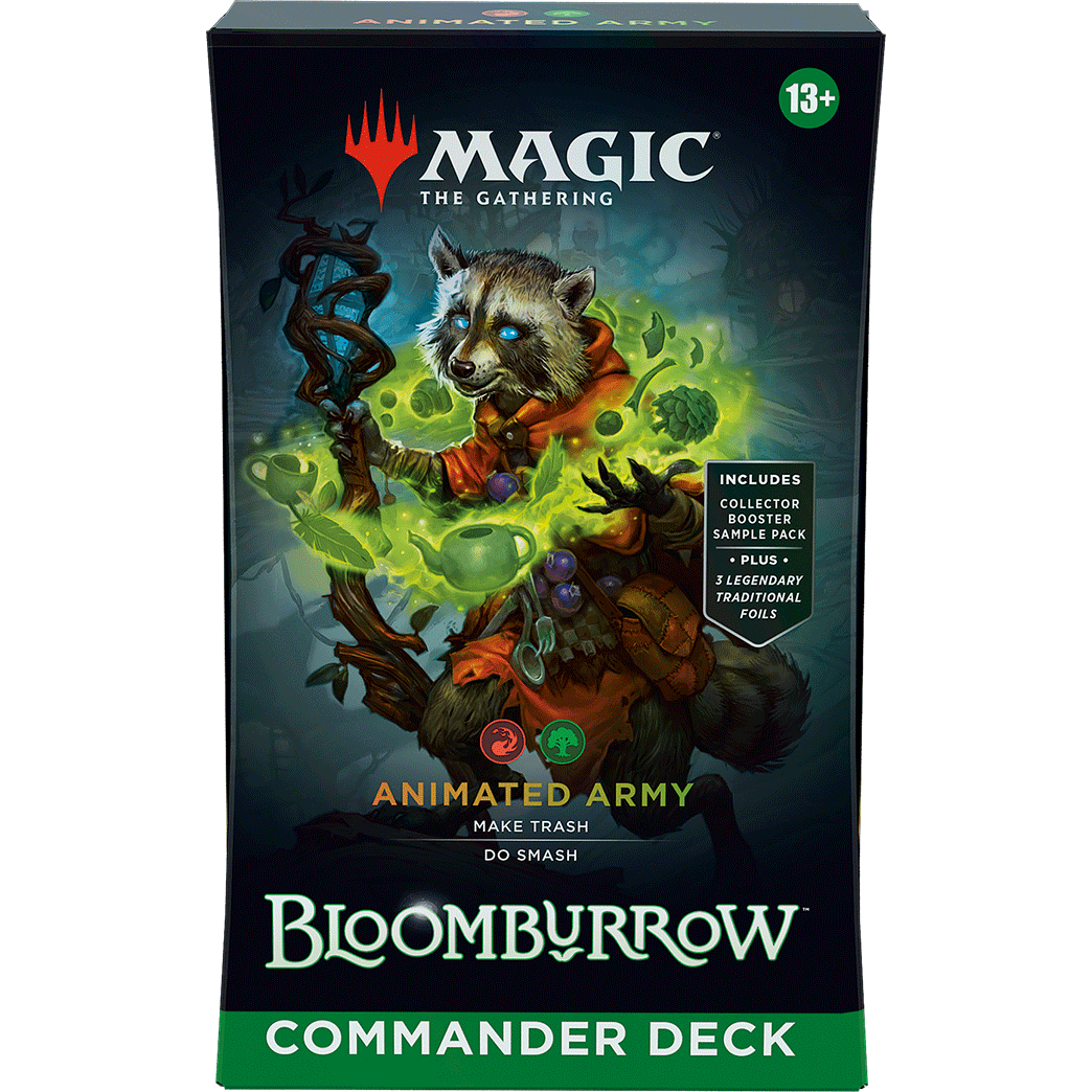 Four sealed Magic: The Gathering - Bloomburrow Commander Decks featuring anthropomorphic animals in fantasy settings.