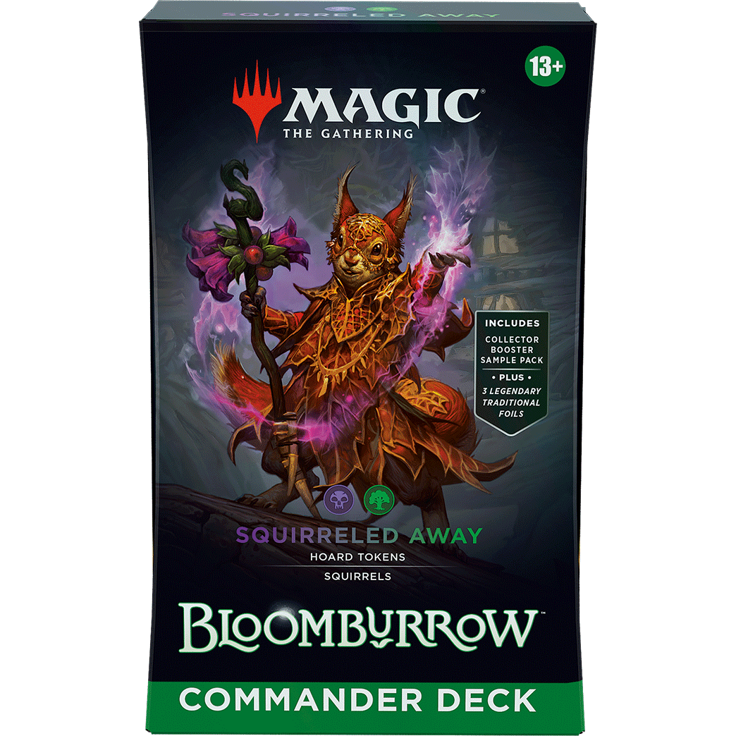 A sealed Magic: The Gathering - Bloomburrow Commander Deck box featuring an illustration of a squirrel wizard holding a flower-topped staff, with text including Squirreled Away.
