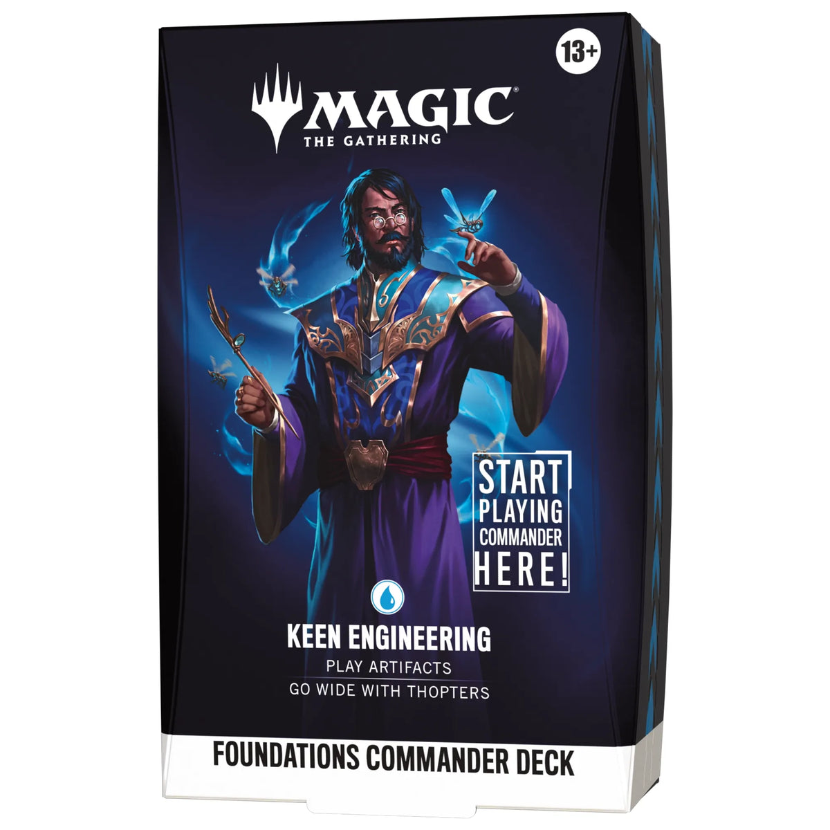 A Magic: The Gathering - Foundations Commander Deck box featuring an illustration of a woman with glowing blue wings holding a sword, with text reading Start playing Commander here! and Calling all Angels.