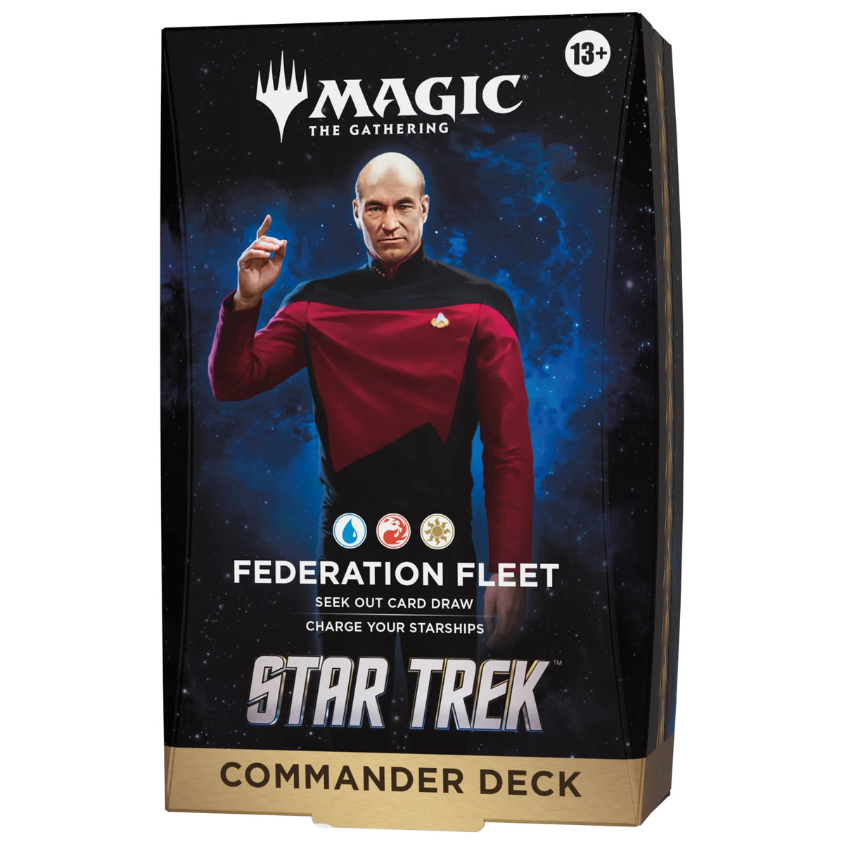 Wizards of the Coast’s Magic: The Gathering - Star Trek Commander Decks—Klingon Fury, We Are The Borg, Landing Party, and Federation Fleet—each feature iconic Star Trek characters on their covers.
