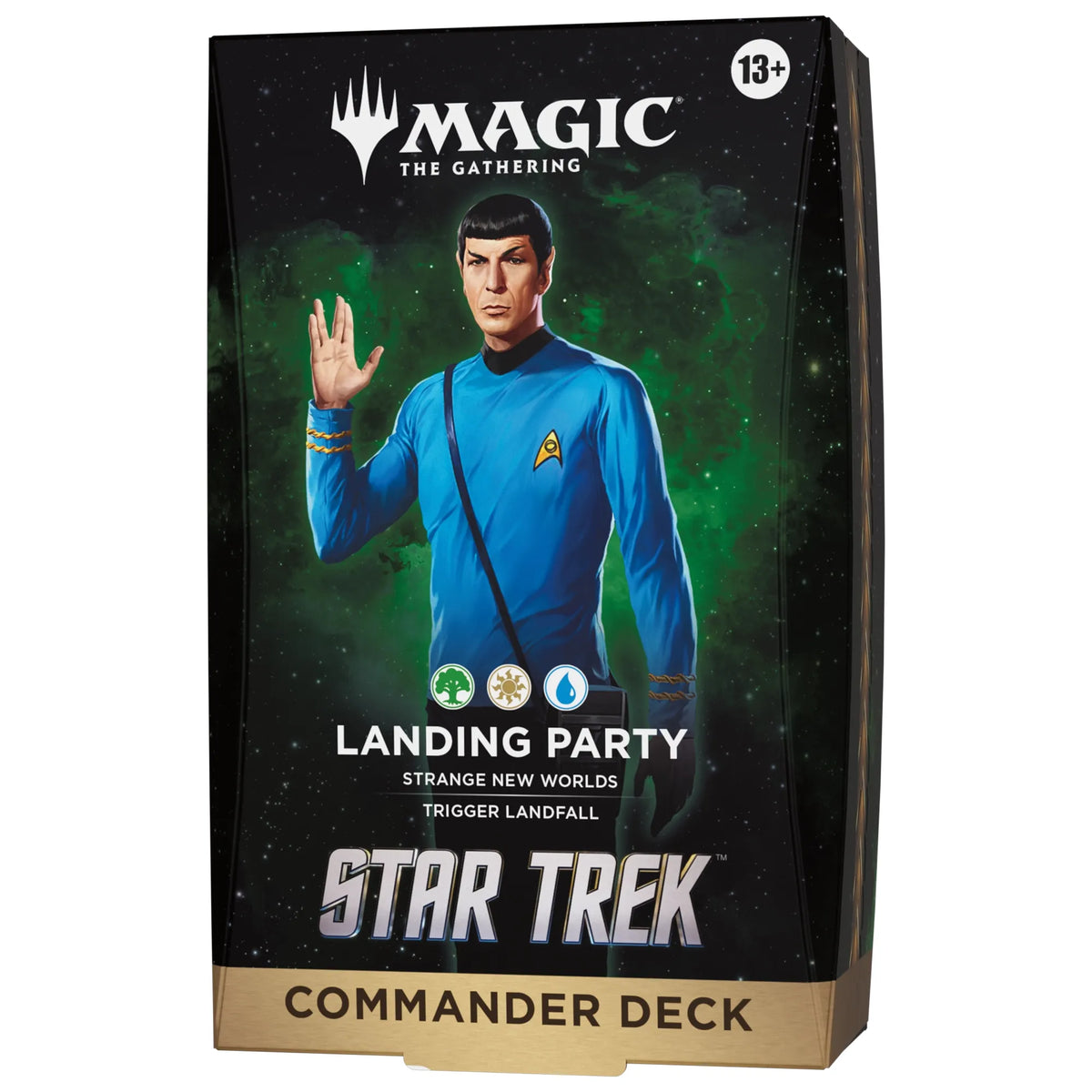 Box for Magic: The Gathering - Star Trek Commander Decks by Wizards of the Coast, showcasing Spock in a blue uniform giving the Vulcan salute. Features Landing Party and age 13+ icons—ideal for fans of Magic: The Gathering’s Star Trek Commander Decks.