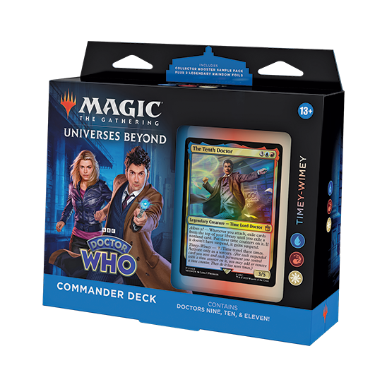 Boxed Magic: The Gathering - Doctor Who Commander Deck featuring illustrations of the Tenth Doctor and Rose Tyler, with a window showcasing the Tenth Doctor Magic: The Gathering playing card.