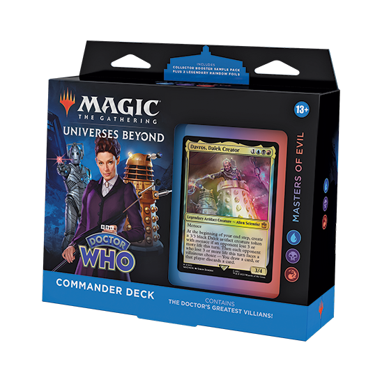 Four Magic: The Gathering - Doctor Who Commander Deck boxes arranged as a set, each featuring character portraits and game cards.