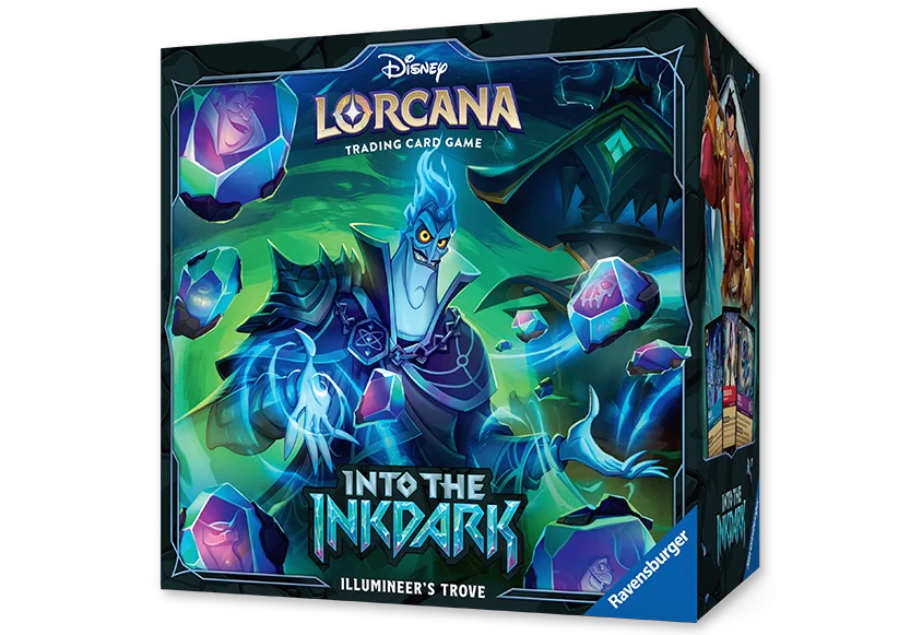 Disney Lorcana: Into the Inkdark Illumineer’s Troove card game storage box featuring an illustration of Hades from Hercules surrounded by floating glowing gems.