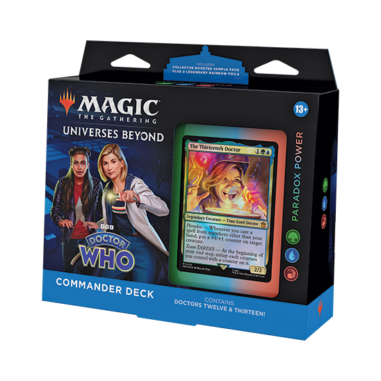 Magic: The Gathering - Doctor Who Commander Deck box featuring an illustration of two Doctors and a prominent Thirteenth Doctor game card.