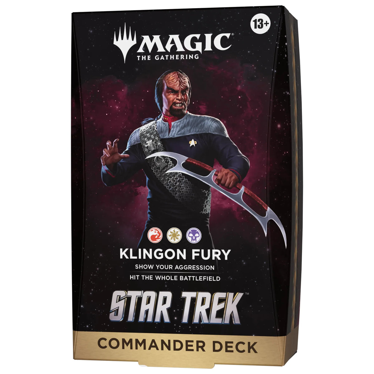 A Wizards of the Coast Magic: The Gathering – Star Trek Commander Decks box designed for ages 13 and up, showcasing a Klingon warrior with a batleth against a starry backdrop and featuring the Star Trek Universes Beyond branding.