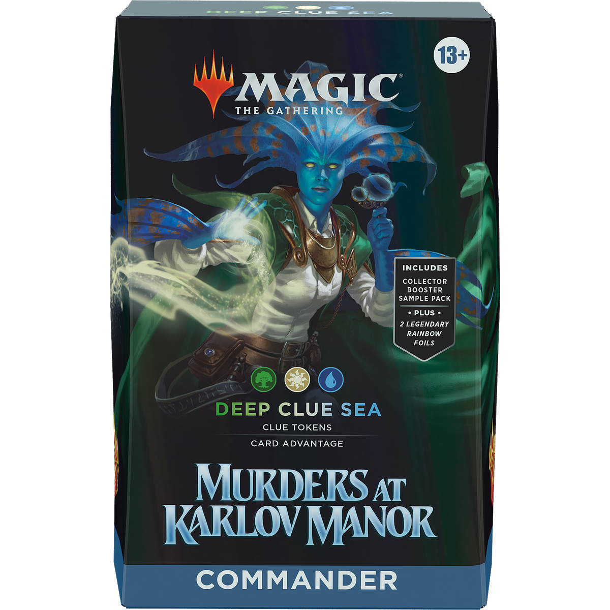 A blue-skinned character holds a magnifying glass over the Magic: The Gathering - Murders at Karlov Manor Commander Deck.