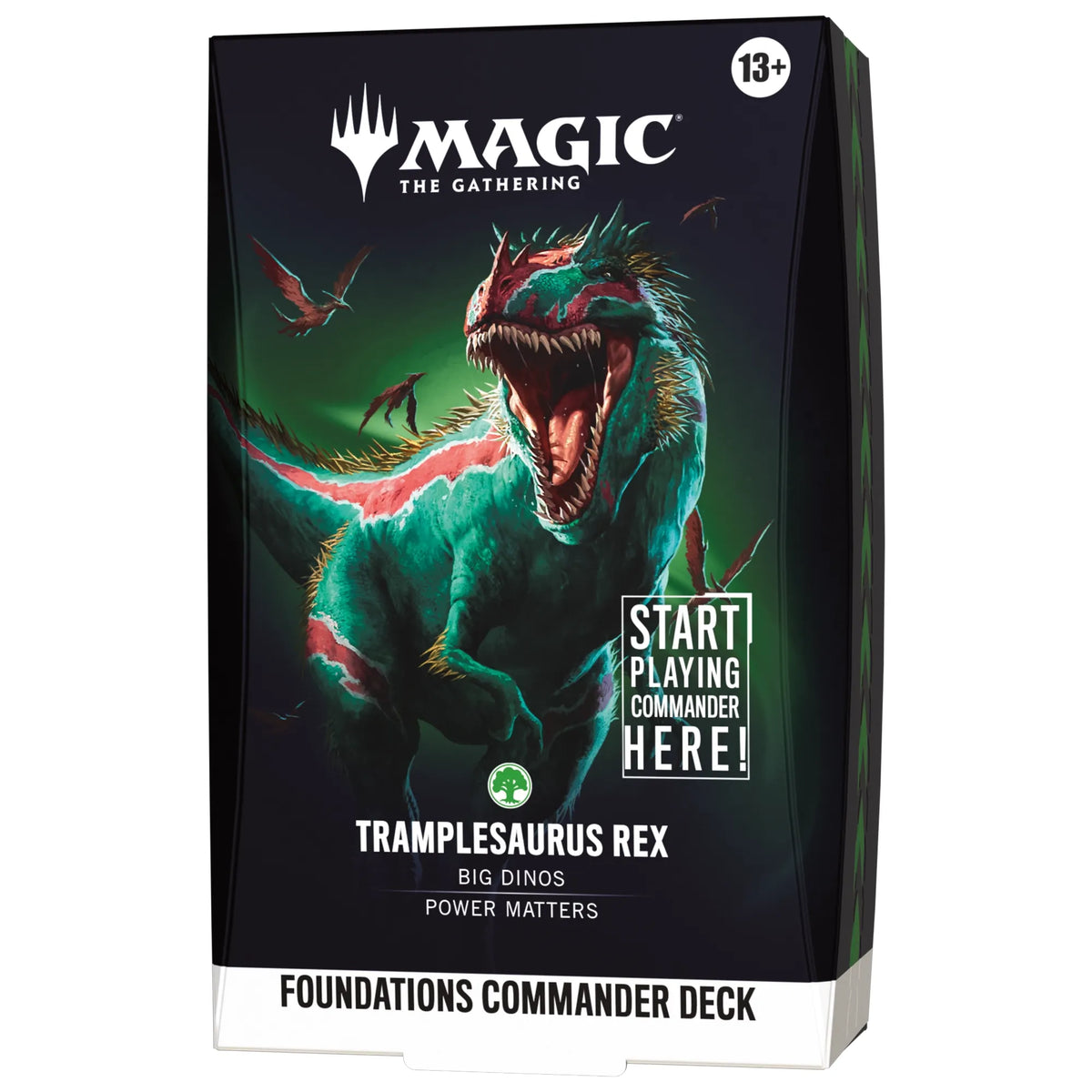 Magic: The Gathering - Foundations Commander deck box featuring a roaring dinosaur with red and teal skin, labeled Tramplesaurus Rex, Big Dinos, and Power Matters.