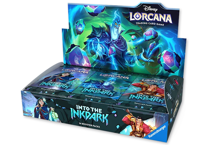 A Disney Lorcana: Into the Inkdark Booster Display box featuring artwork of Hades, containing 24 booster packs.