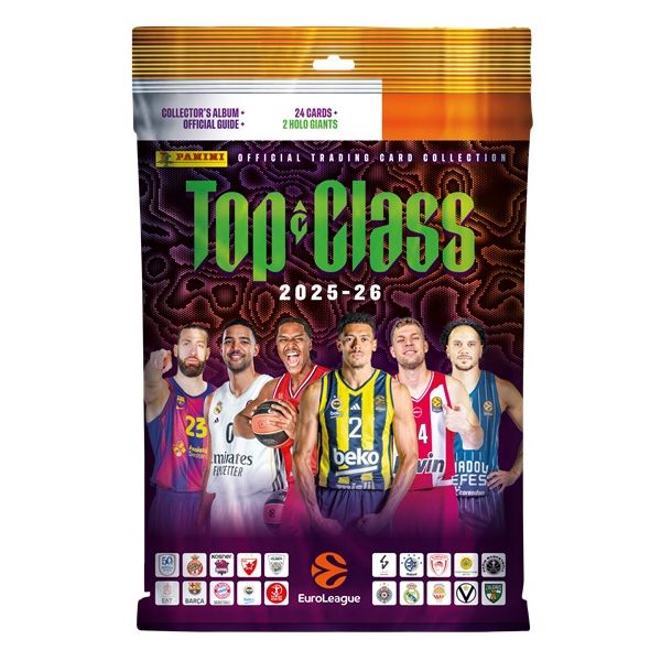 A Panini: EuroLeague Top Class 2025-26 Starter Basketball pack showcasing six players in various team jerseys, set against a vibrant abstract background, with EuroLeague branding featured at the bottom.