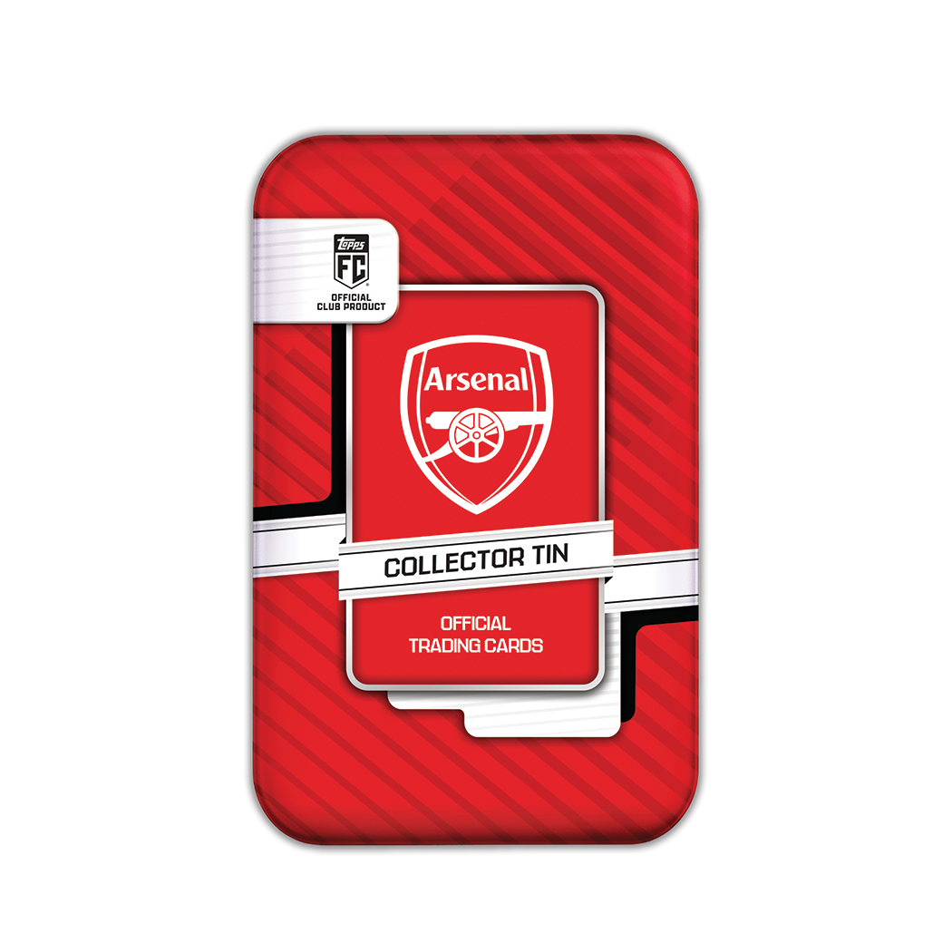 Red and white Topps Collector Tin 2026/27 Arsenal containing 35 official trading cards for the 2026/27 season.