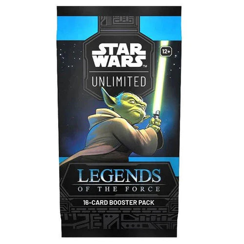 Star Wars: Legends of the Force Booster Pack featuring Yoda holding a glowing lightsaber, with text highlighting the set.