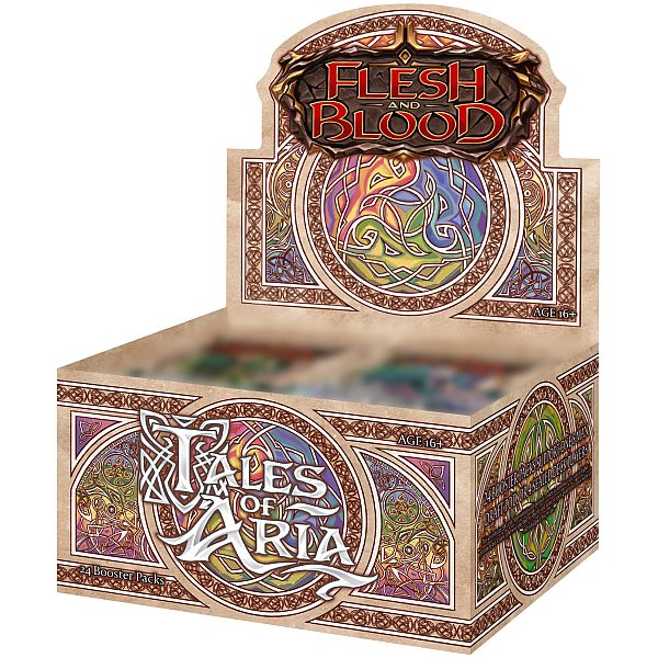 A Flesh and Blood TCG: Tales of Aria (1st edition) Booster Display box featuring stained-glass style artwork.