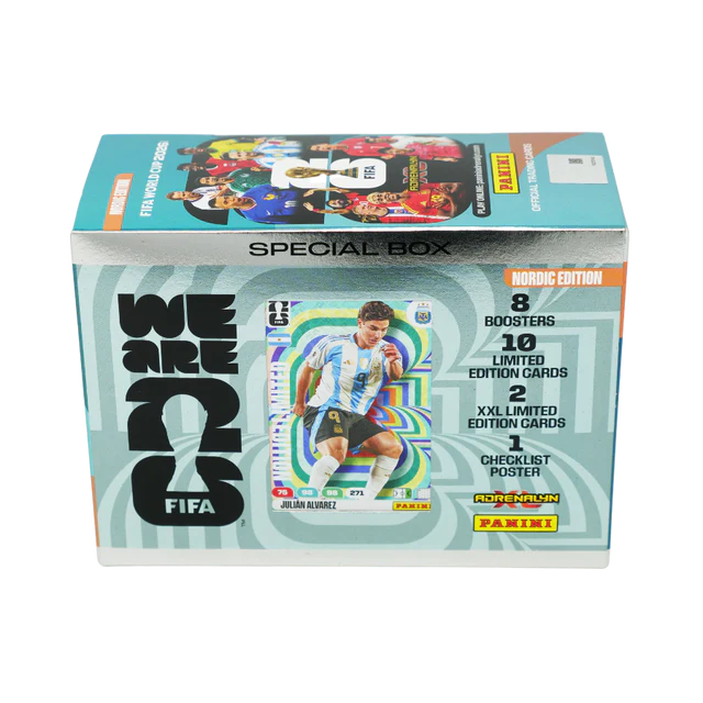 Introducing the Panini: Adrenalyn XL FIFA World Cup 2026 - Gift Box - Nordic Edition, an exclusive product from Panini. This special box showcases the FIFA World Cup 2026 logo and features a soccer player card on the front, labeled as the Nordic Edition. Inside, you'll find 8 booster packs, 10 limited edition Adrenalyn XL cards, a poster, and official branding from Panini and FIFA.