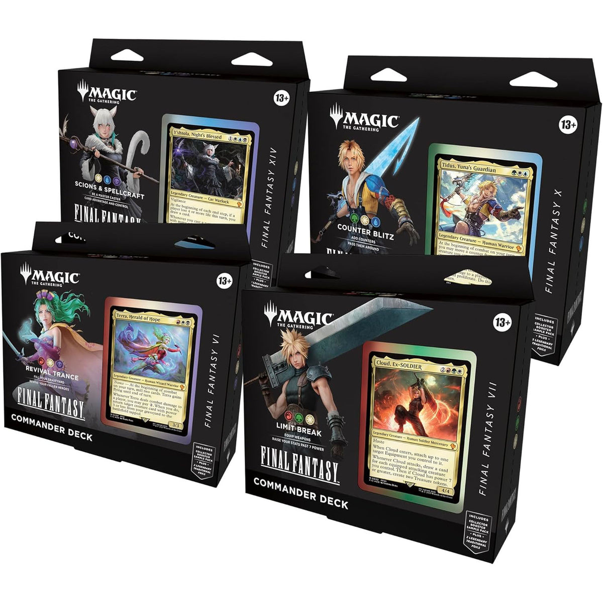Wizards of the Coast’s Magic the Gathering: Final Fantasy Commander Deck features four deck boxes with unique Final Fantasy-themed artwork and branding, suitable for ages 13+.