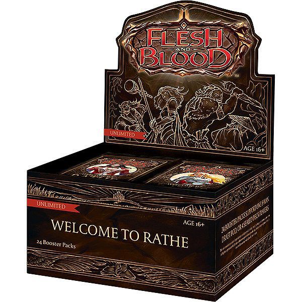 A Flesh and Blood TCG: Welcome to Rathe Booster Display box featuring a fantasy illustration and branding, containing 24 booster packs.